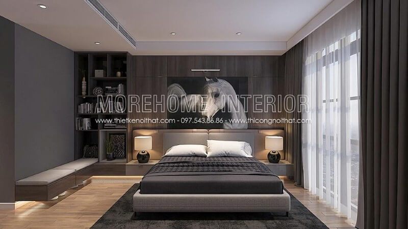 Trang trí nội thất giường ngủ biệt thự hiện đại, đơn giản, phần chân giường được thiết kế thanh mảnh với chất liệu kim loại phun sơn cách điện tạo sự vững chãi hơn