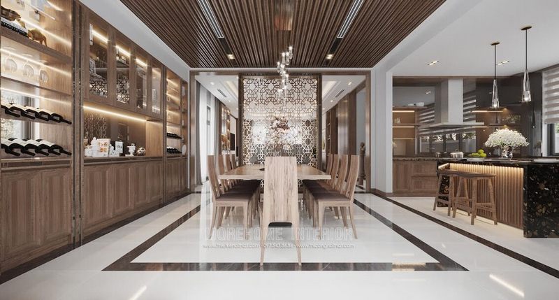 Mẫu thiết kế nội thất phòng bếp cao cấp với tông màu gỗ óc chó cuốn hút mọi ánh nhìn